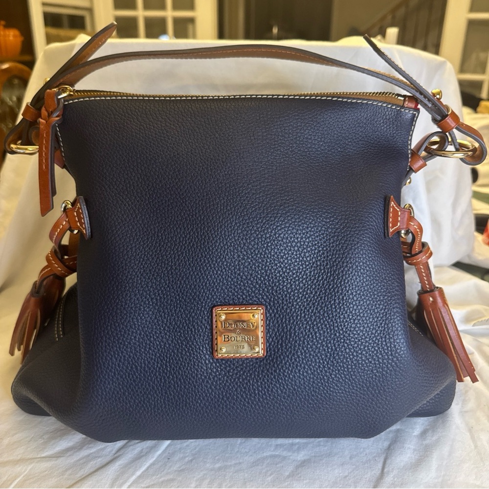 Dooney & Bourke Teagan Hobo Bag Navy Pebbled Leather Tassel Side Shoulder Purse
